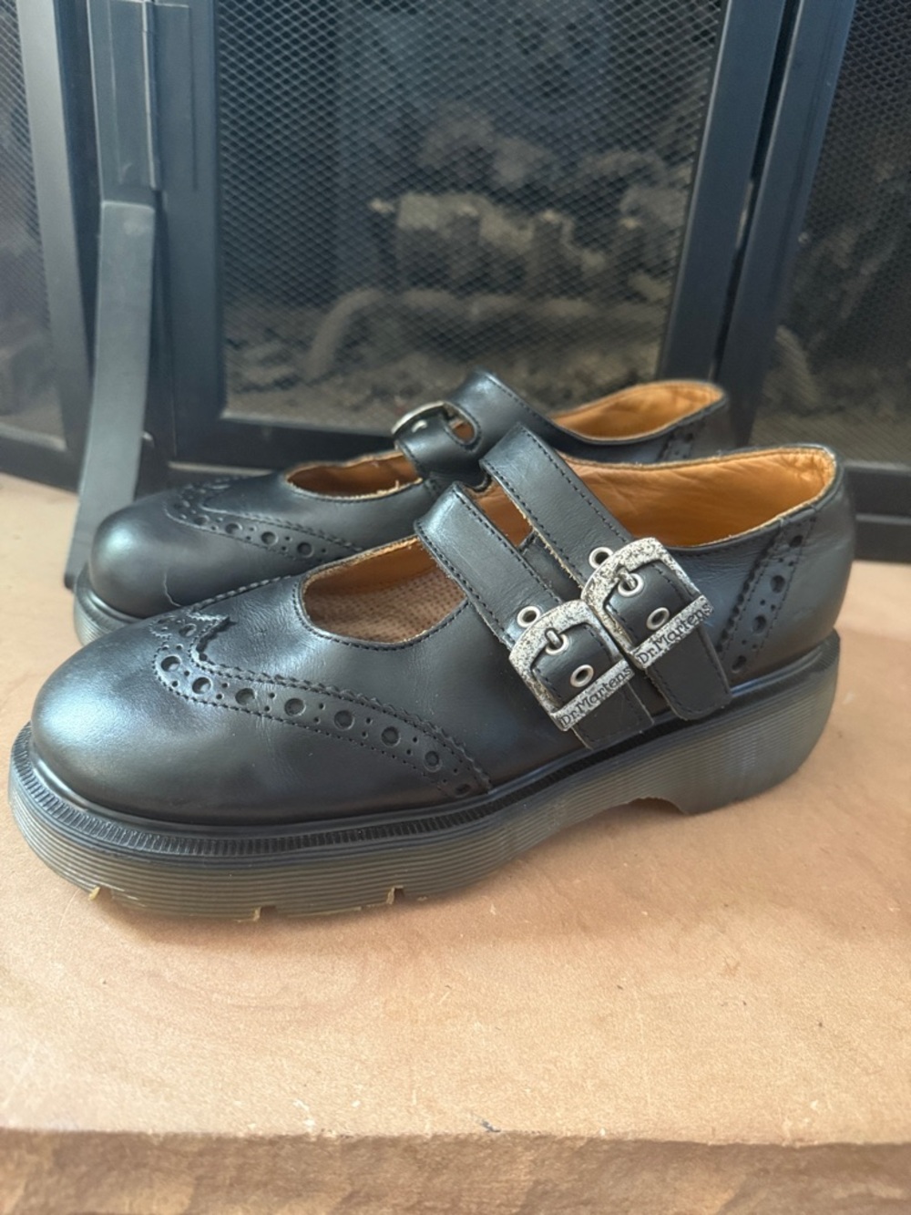 VTG Dr. Martens Double-Buckle Wing Tip Black Mary Jane Chunky UK6 Brogue MIE US8
